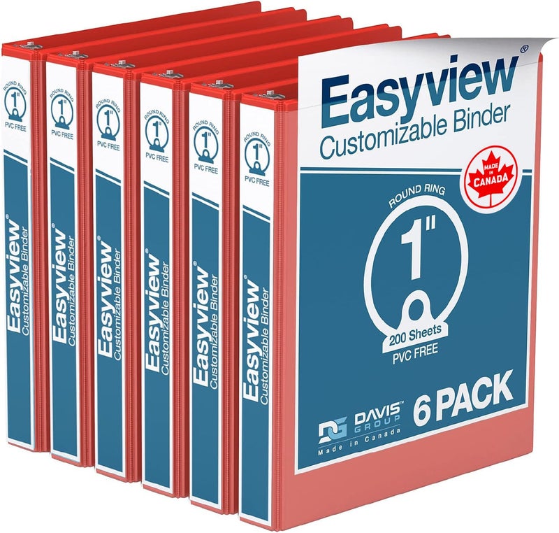 Davis Group مجلدات Easyview Premium ذات 3 حلقات مع أغطية شفافة وحلقات دائرية، مجلدات للمدرسة أو المكتب، 1 إنش، عبوة من 6، أحمر - Image 1